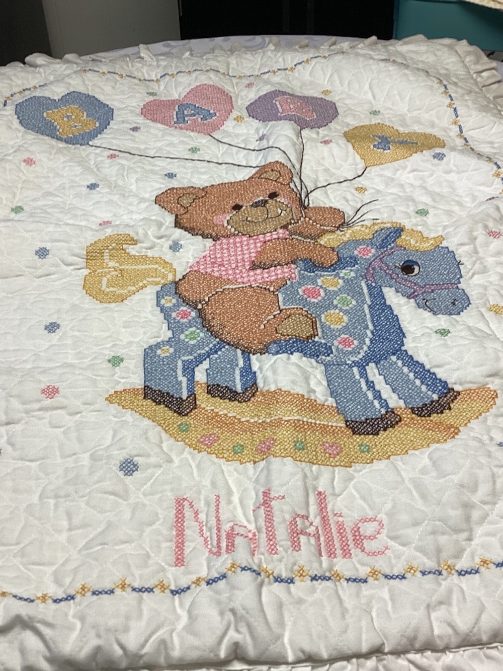 . Girls  Hand EMBROIDERED.  Quilt PERSONALIZED. NAME IS “ NATALIE “ 🌸🌸🌸